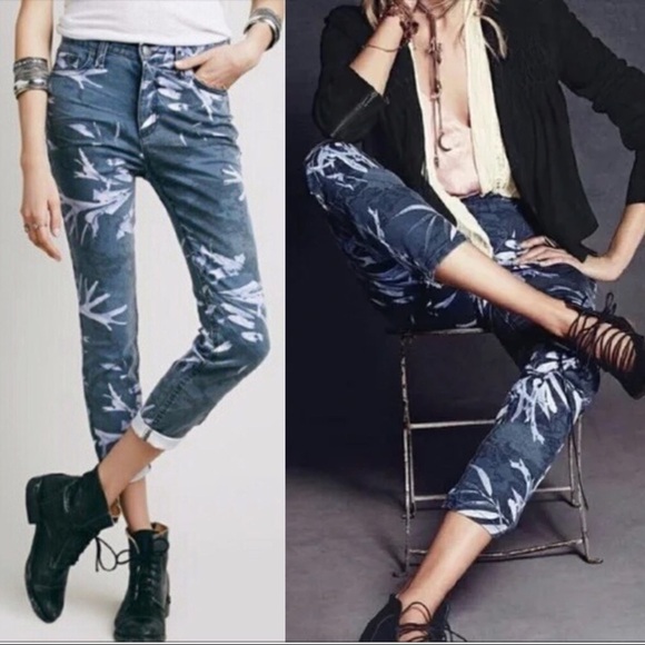 Free People • Tropical skinny jeans grey purple palm leaf print cropped ankle - Picture 1 of 13